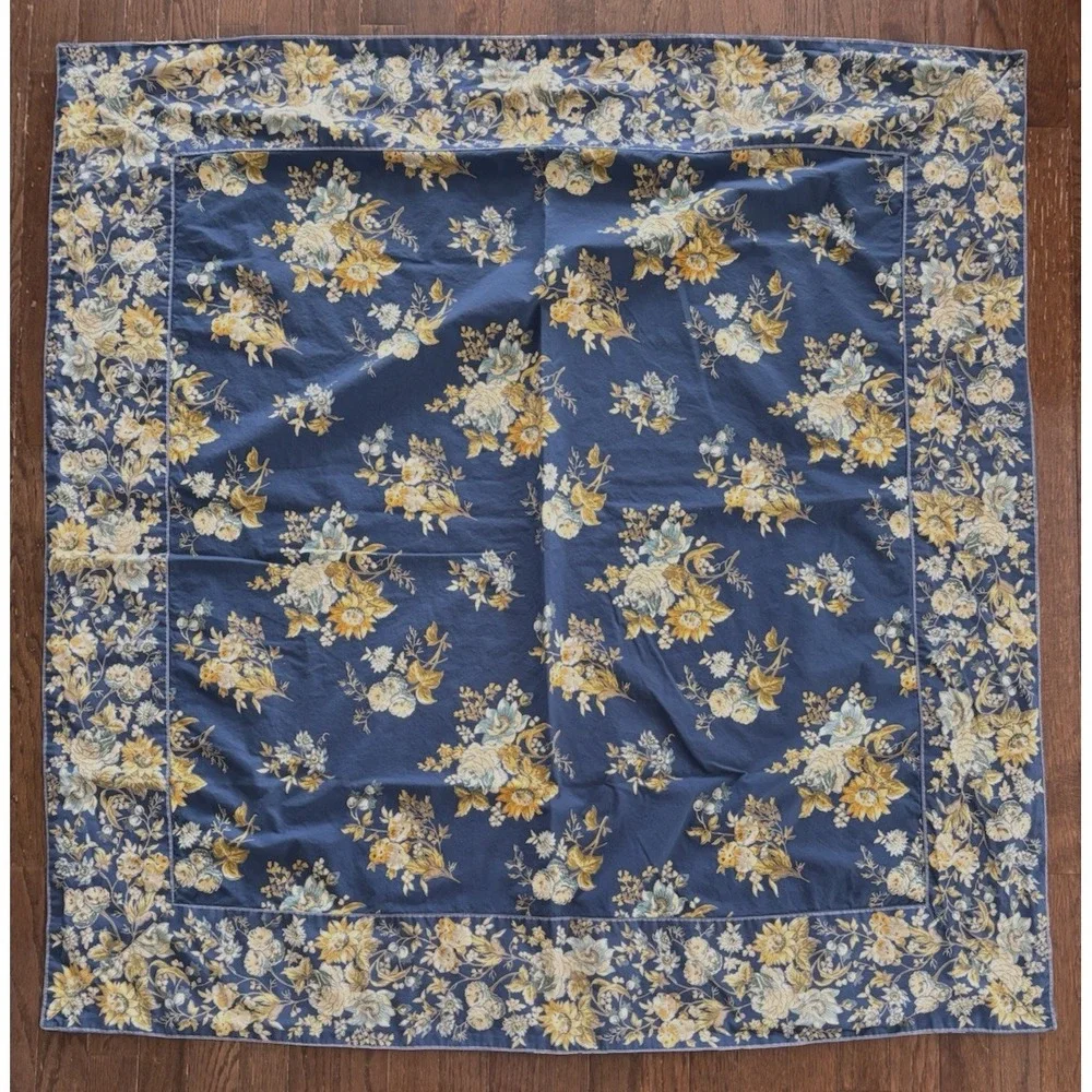Vtg April Cornell Floral Tablecloth Navy Gold Cream 100% Cotton 48